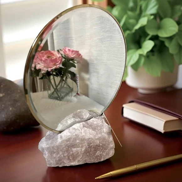 Source and Co. NWT Stunning Genuine Rose Quartz with Round Brass Mounted Mirror - Picture 1 of 10